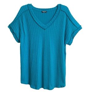 HEIMISH Blue Cuffed Sleeve Ribbed Top 1X